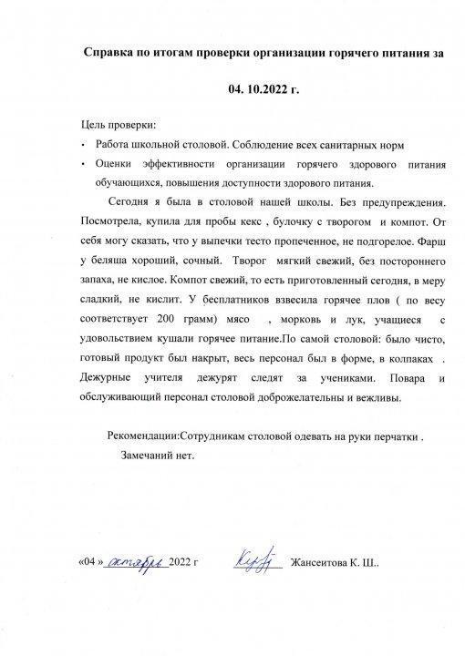 Акт мониторинга по итогам проверки организации горячего питания за 04. 10.2022 г.