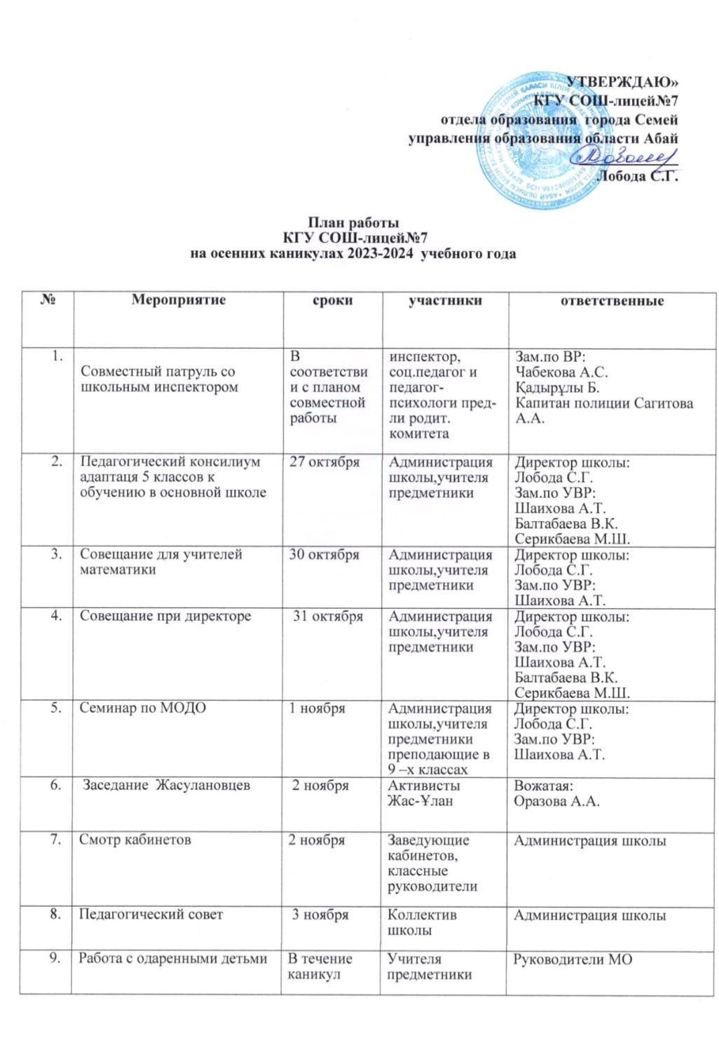 План работы на осенние каникулы