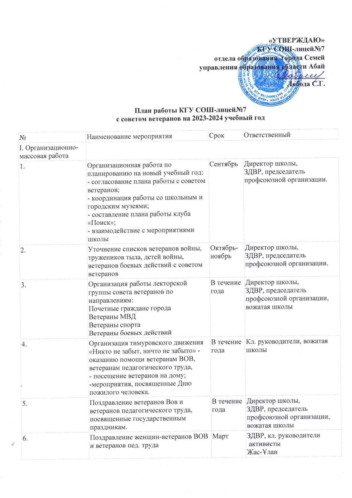 План работы с советом ветеранов