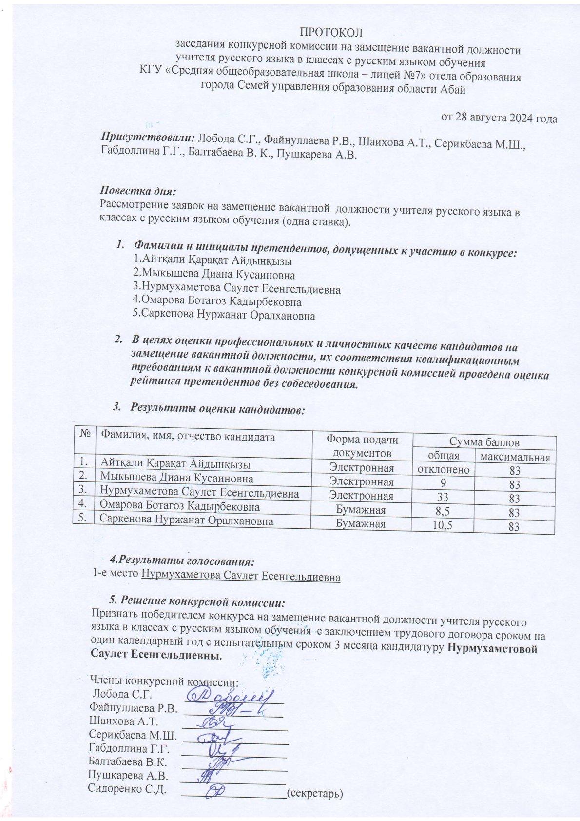Конкурс на занятие вакантной должности учителя русского языка с русским языком обучения