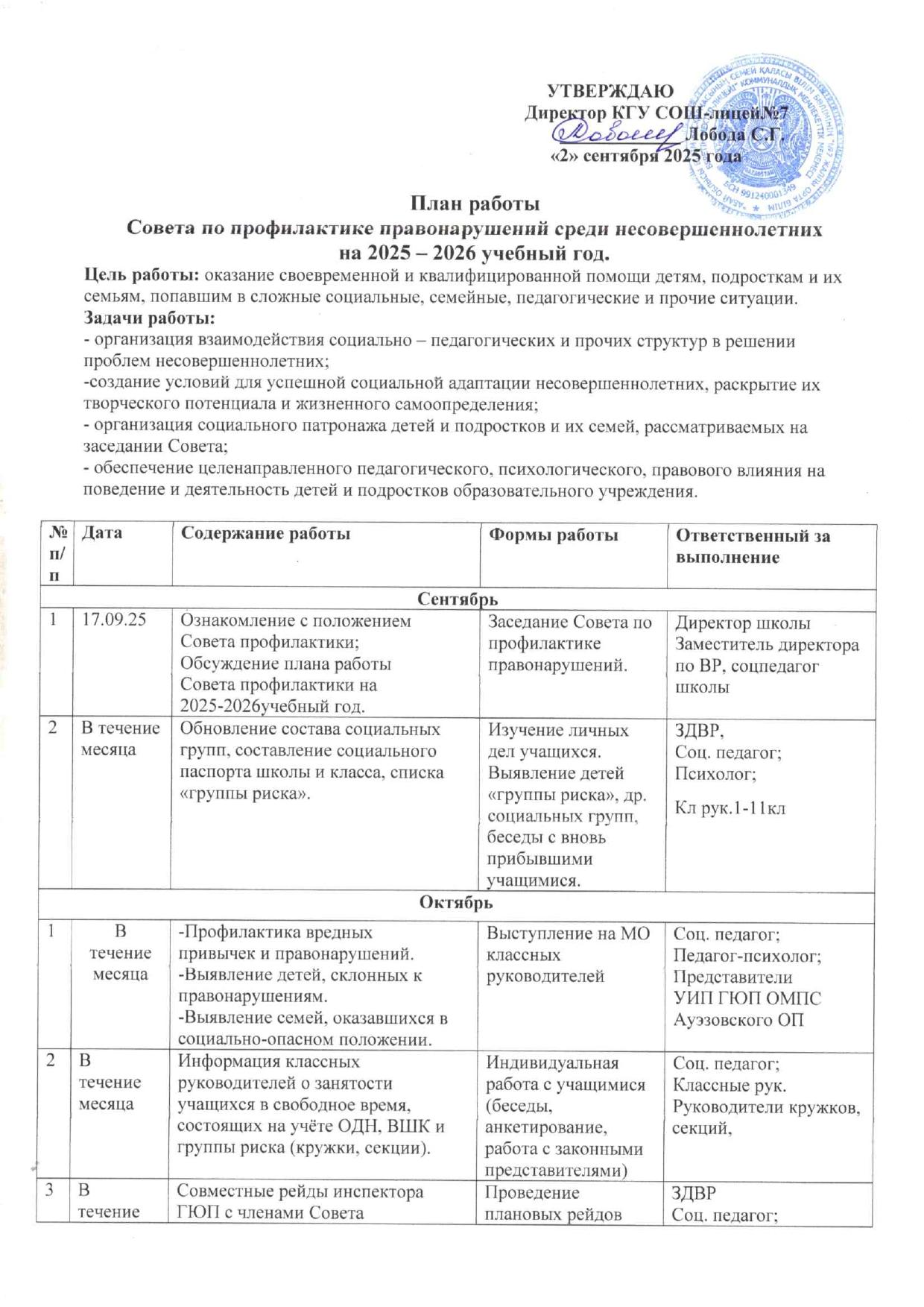 План работы по профилактике правонарушений